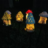 ✗❅✒ Creative Solar Resin Mushroom House Light Outdoor Waterproof LED Cartoon Ground Plug Light Garden Decoration Lawn Landscape Lamp