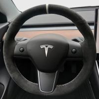 Car Steering Wheel Cover Hand-Stitched Non-Slip Black Genuine Leather Suede For Tesla Model 3 2017 2018 2019 2020 Steering Wheels Accessories