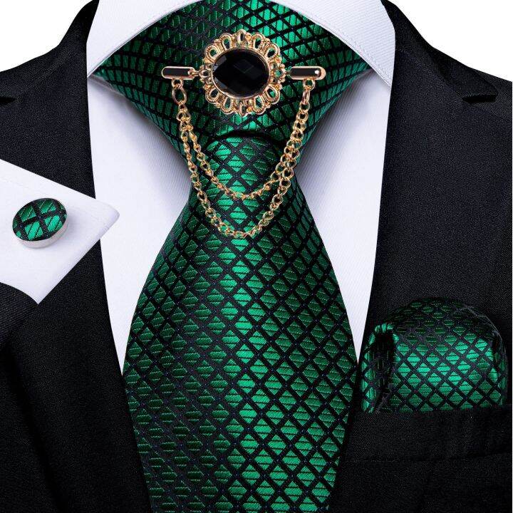 new-fashion-green-check-men-39-s-necktie-brooch-set-men-39-s-silk-ties-wedding-party-tie-handkerchief-cufflinks-set-luxury-tie-dibangu