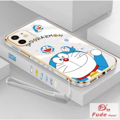 【COD】Case เคสไอโฟน11 12 Pro MAX X XS XR XSMAX 6 6s 7 8 SE2023 7P 8 PLUS Cartoon Flying Doraemon Square เคสซิลิโคน plating Case with Lanyard Case