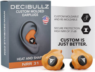 Decibullz - Custom Molded Earplugs, 31dB Highest NRR, Comfortable Hearing Protection for Shooting, Travel, Swimming, Work and Concerts (Orange)