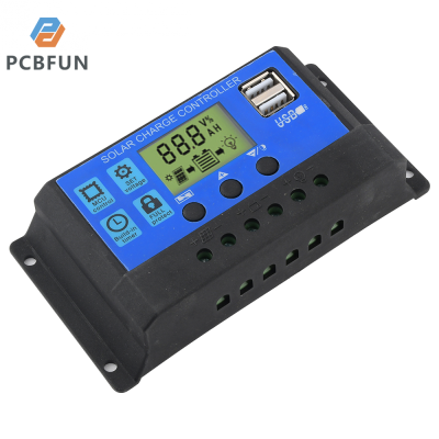 pcbfun 12V/24V1 0A จอแสดงผล LCD ตัวควบคุมการชาร์จแบตเตอรี่แผงโซล่าเอาท์พุตแผงควบคุมพลังงานแสงอาทิตย์พร้อม USB คู่การจัดการค่าใช้จ่าย PWM 3เฟสที่สมบูรณ์