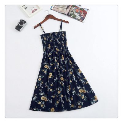 Bohemian Style Pleated Chiffon Dress Suspender Printed Pattern Summer