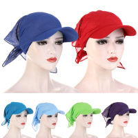 Fashion Women Brim Cap Sun Visor with Pre-Tied Turban Caps Head Scarf Windproof Bandana Solid Color Headscarf Beach Outdoor Hat