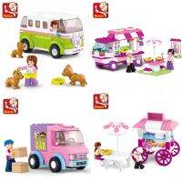 SLUBAN Girl Princess Snack Car Delivery Car Dining Car Travel Car Figure Blocks Construction Building Brick Toys For Children