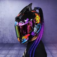 Full face helmet motorcycle riding helmet safety double lens Racing helmet Individuality braids horns