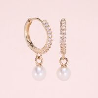 Grace Fine Jewelry ต่างหูห่วงทองแท้9K Akoya Pearl Charm  with Pave White Sapphire