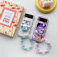 เคสนิ่มลายคลื่นสำหรับ Samsung Galaxy Z Flip5 Flip4 Flip3 5G TPU คลื่นชัดเจนฝาครอบป้องกันพร้อมด้วยโซ่และที่ยึด