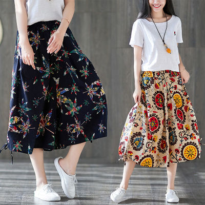 2022Spring Summer Womens Wear New Cotton And Linen Ethnic Style Plus Size Bloomers Wide Leg Elastic Waist Capri Pants