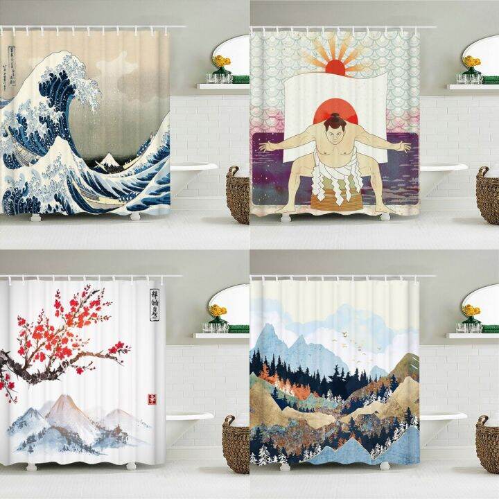 Waterproof Polyester Fabric Shower Curtain Japanesestyle Waves Samurai