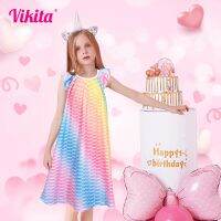 【jeansame dress】 VIKITASummer Tukids Birthday Party Beach Dresses เด็กวัยหัดเดินน่ารัก VestidosMesh Tulle Licorne Dress