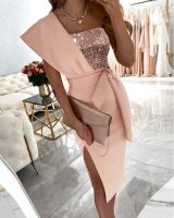 【HOT】㍿▽ Evening Dresses for Gold One-shoulder One-sleeve Hip Floor-length Skirt Fashion