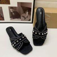 【Fast Shipping】NewZARA-Flat womens shoes, European and American square denim, studs, open-toe fashion, flat-heeled sandals women