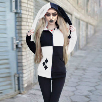 Harlequin Clown Jester Costume Scary Hooded Coat Hoodie Lady Girls Halloween Cosplay Outfit Sweatshirt For Adult Women Black