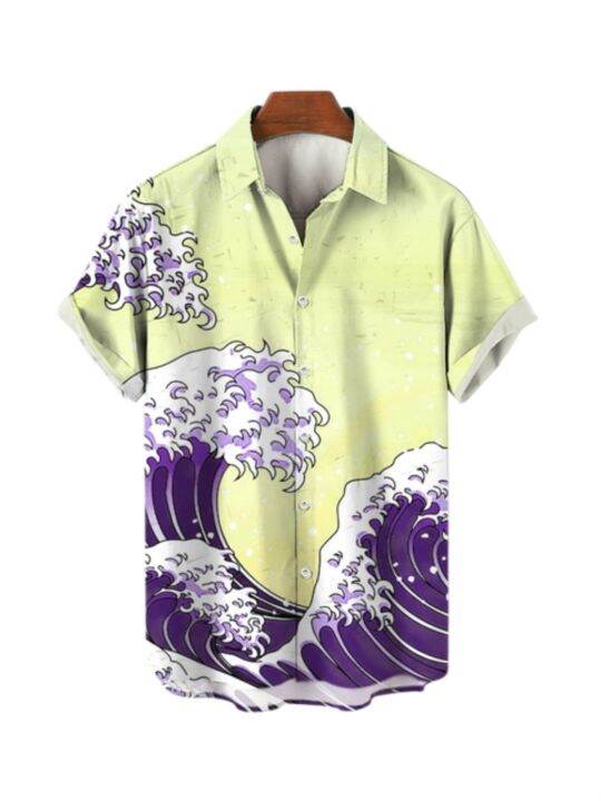 เสื้อเชิ้ตฮาวายสำหรับผู้ชายโอเวอร์ไซส์ฤดูร้อนเสื้อชายหาดฮาราจูกุลายคลื่นอนิเมะสไตล์แฟชั่นสำหรับผู้ชาย