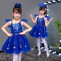 2023สาวใหม่ Bling Star Tutu ชุดสีฟ้าเด็ก Stage Performance Veil ชุดเจ้าหญิงเด็ก Dance &amp; เชียร์ลีดเดอร์ Clothes