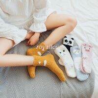 [A Like]ที่น่าสนใจ☾♣Royal รองเท้าแตะผู้หญิงกำมะหยี่หนาสีแสดเข้มในฤดูหนาว,รองเท้าใส่ในบ้านเพื่อให้ความอบอุ่นในถุงเท้าการ์ตูนน่ารักผ้าแจ็คการ์ดสัตว์