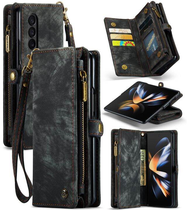 hoce-zfold4-fold5-galaxy-z-z-แบบอเนกประสงค์มีซิปทนทานเคสโทรศัพท์หนังมีกระเป๋าเงิน-pu-สำหรับ-samsung-galaxy-z-z-fold-5-5g-ซิปปกคลุมย้อนยุคพับได้พร้อมสายรัดข้อมือ