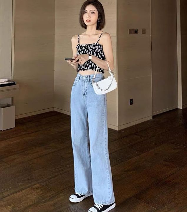 mrs-huang-shop-แฟชั่นเกาหลีรุ่นใหม่เอวสูงกางเกงยีนส์ขากว้างหลวมตรง