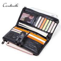 ZZOOI CONTACTS genuine leather men long wallet lady purse card holder clutch with coin pocket zipper money bag for phone male wallets