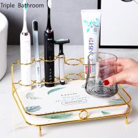 ℗▪ Light Luxury Metal Rack Diatom Mud Storage Tray Bathroom Toothbrush Toothpaste Shelves Cosmetic Organizer Dressing Table Holder