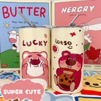 600ML Cartoon Strawberry Bear Straw Cup Stainless Steel Ice Cup Drinking Vacuum Preservation Cup L0R8