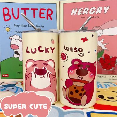 600ML Cartoon Strawberry Bear Straw Cup Stainless Steel Ice Preservation Cup Cup Drinking Vacuum J3X4