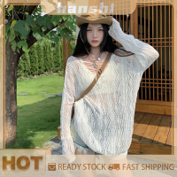 hanshi [2023 new HOT FASHION] lazlook เสื้อสเวตเตอร์ถักแบบกลวงสำหรับ Y2K เสื้อสเวตเตอร์แขนยาวแนวย้อนยุคลำลองสีพื้น