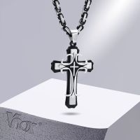 【CW】Vnox Men Cross Necklace with 4MM Byzantine Chain Punk Rock Stainless Steel Catholic Crucifix Pendant Religious Jewelry