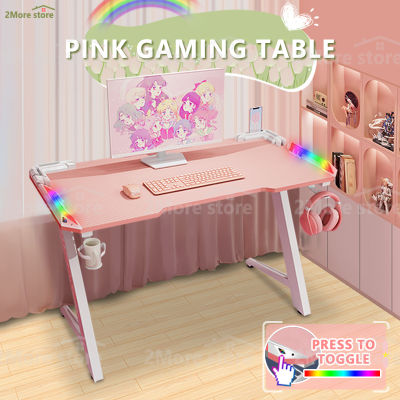 2MoreStore สีชมพู โตะคอมพิวเตอร์ โต๊ะเกมมิ่ง Pink gaming table โต๊ะ โต็ะคอม มีไฟ LEDสวย ไม่แสบตา หน้ากว้าง 120cm หน้าโต๊ะหุ้มคาร์บอน 3D