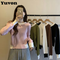 Yuvon เสื้อสเวตเตอร์ผู้หญิงแขนยาวเสื้อเอวลอยกระชับสัดส่วนสีตัดกันฤดูใบไม้ร่วงและฤดูหนาว