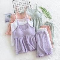 ❆⊙ Pajamas Women Summer Cotton Suspender Short Two-Piece Girl Casual Cute Sleepwear Pijamas Set 2023 Korean Home Clothes With Chest