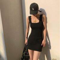 C&amp;M Women y Sleeveless Square Neck Slimming Elasticity Black Dress