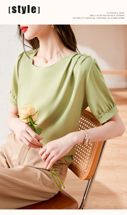 rehin-เสื้อชุดซาตินแขนสั้นผู้หญิงลำลองสไตล์เกาหลีแบบใหม่ฤดูร้อน-เสื้อเชิ๊ตสตรีเข้ารูปหรูหราทางปัญญาสำหรับผู้หญิง