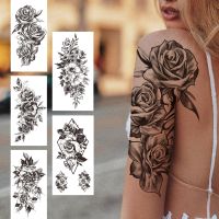 Black 3D Rose Temporary Tattoo For Women Girls Adult Peony Dahlia Flower Tattoos Sticker Black Flora Glory Geometric Arm Tatoos Stickers