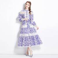 Womens Dress Spring New Palace Style Stand-Collar Hollow-out Single-Breasted Printed Long Dress