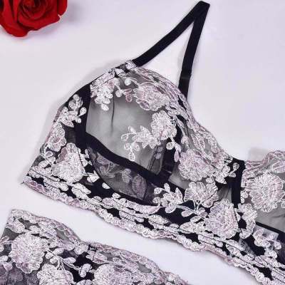2023 Korean 3-Piece Floral Embroidery Lingerie Set Women Black Ball Gown Erotic Set Sexy Thong Brief Kit