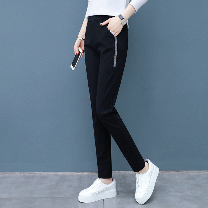 กางเกงเอวสูงขายาวสำหรับผู้หญิง-กางเกงฮารุนตรงกางเกงกีฬาลำลองเกาหลีรัดรูปผ่อนคลายกางเกงขายาวขนาดใหญ่