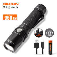 NICRON ไฟฉาย B62 mini 9W super ความสว่างแบบพกพากันน้ำ IPX8 5200cd 950LM LED USB ชาร์จไฟฉายโคมไฟ B62