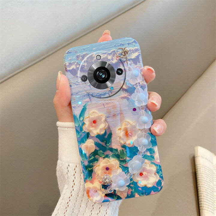 phone-case-เคส-realme11-pro-realme-11-pro-plus-5g-วินเทจเคสโทรศัพท์ภาพดอกไม้บลูเรย์เพ้นท์น้ำมัน-rhinestone-ปลอกนิ่มพร้อมสร้อยข้อมือ2023