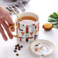 Spot parcel post New Ceramic Mug Geometric Pattern Office Drinking Glass with Cover Spoon Ceramic Cup Gift Wholesale