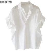 【Add khaki and black】Korean Style Loose V-neck Batwing Sleeve White Shirt for Women