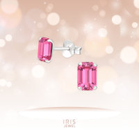 IRIS JEWEL ต่างหู  Rose Genuine European Crystals ( Silver Rectangle Ear Studs with Genuine European Crystal )