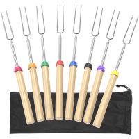 BOUSSAC 8pcs Wooden Handle BBQ Forks Stainless Steel escopic Camping Barbecue Sticks Food Fork Portable Outdoor Barbecue Tool