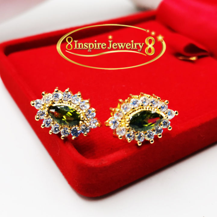 inspire-jewelry-ต่างหูพลอยสีเเขียวส่องเหลี่ยมมาคีล้อมเพชรสวิส-งานจิวเวลลี่-gold-plated-diamond-cloning-gold-พร้อมกล่อง-งานแฟชั่นอินเทรน-เกรดพรีเมี่ยม