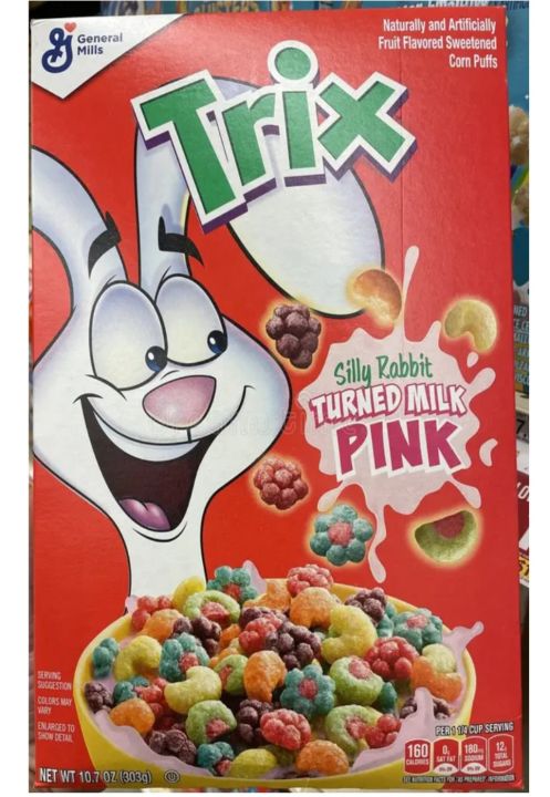 General Mills Trix Cereal Silly Rabbit Turned Milk Pink Fruit Flavored Sweetened Corn Puffs