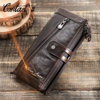 Contacts Free Engraving Genuine Leather Wallet Men Zipper Capacity Male Long Money Purse Phone Pocket Card Holder New Portfel