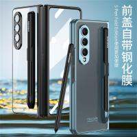 For Samsung Galaxy Z Fold 4 3 Case Luxury Plating Transparent With Pen Slot Holder Screen Glass Film Clear Shockproof Hard Cover