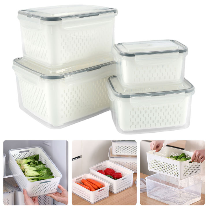 4 PCS Fruit Storage Containers for Fridge with Removable Colander