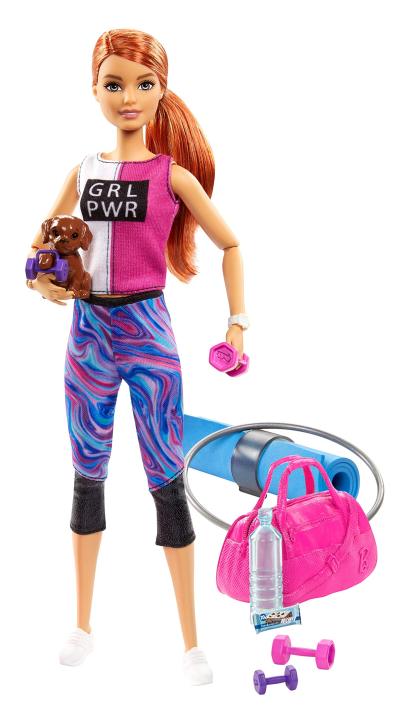 fitness-barbie-ตุ๊กตาออกกำลังกายผมสีแดงกับลูกสุนัขและอุปกรณ์เสริม9อย่างรวมถึงเสื่อโยคะพร้อมสายคล้องฮูลาฮูปและ-kids-toys